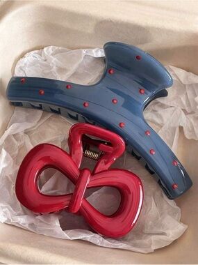 Blue Resin Jaw Clip with Red Studs + Red Bow Hair Clip - NBW